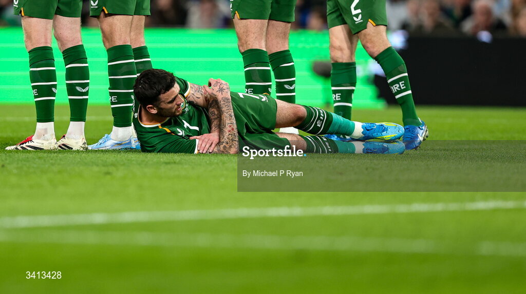 31 March 2026; Troy Parrott of Republic of Ireland acting as a draught excluder in a wall during the international friendly match between Republic of Ireland and North Macedonia at Aviva Stadium in Dublin. Photo by Michael P Ryan/Sportsfile