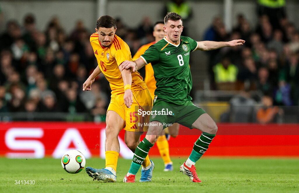31 March 2026; Jason Knight of Republic of Ireland in action against Elmin Rastoder of North Macedonia during the international friendly match between Republic of Ireland and North Macedonia at Aviva Stadium in Dublin. Photo by Michael P Ryan/Sportsfile