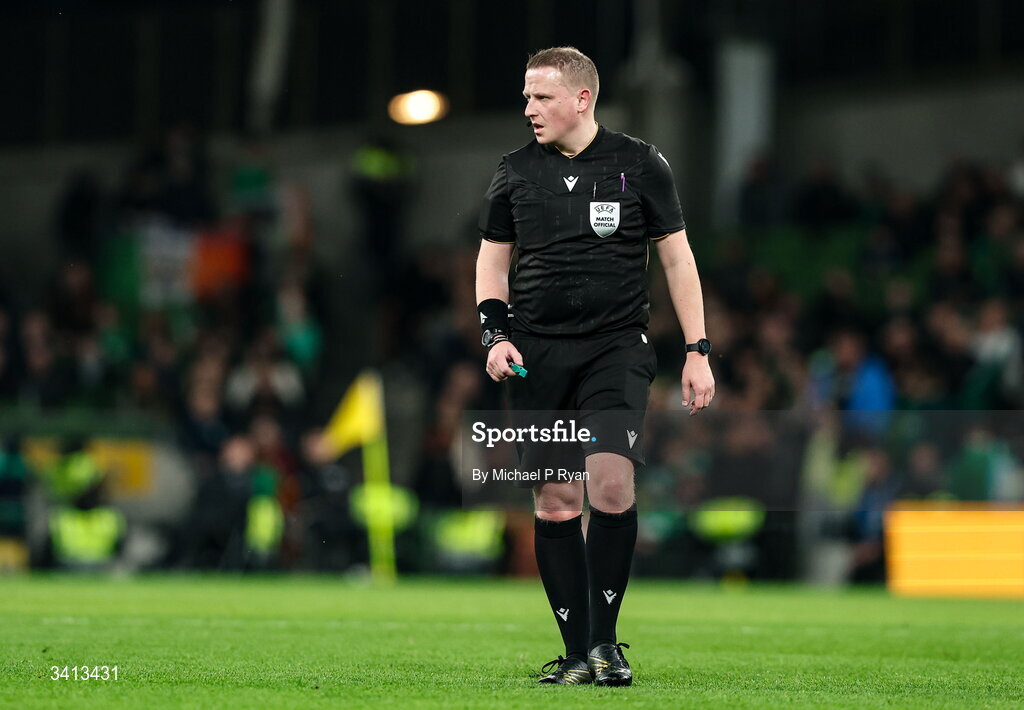 31 March 2026; Referee Iwan Arwel Griffith during the international friendly match between Republic of Ireland and North Macedonia at Aviva Stadium in Dublin. Photo by Michael P Ryan/Sportsfile