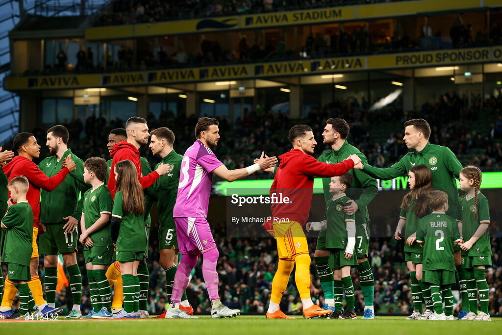 31 March 2026; Players from both teams shake hands before the international friendly match between Republic of Ireland and North Macedonia at Aviva Stadium in Dublin. Photo by Michael P Ryan/Sportsfile