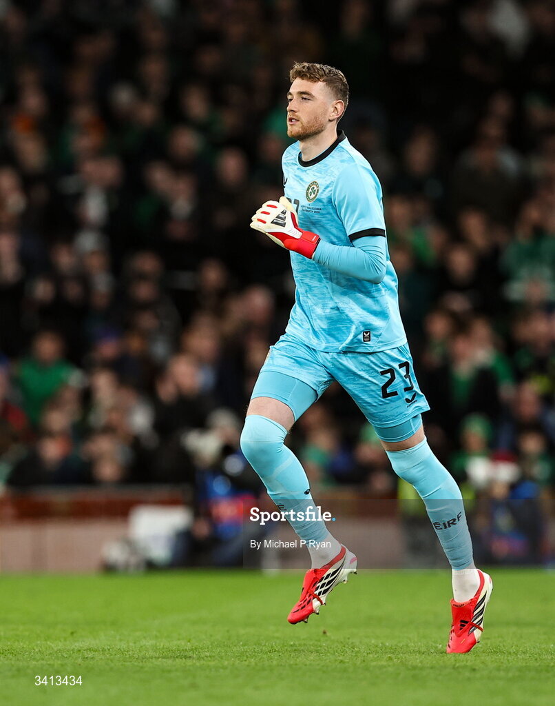 31 March 2026; Republic of Ireland goalkeeper Mark Travers comes onto the pitch during a second half substitution during the international friendly match between Republic of Ireland and North Macedonia at Aviva Stadium in Dublin. Photo by Michael P Ryan/Sportsfile