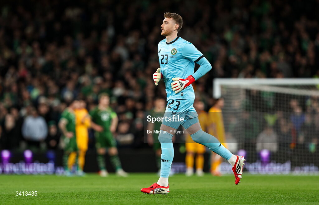 31 March 2026; Republic of Ireland goalkeeper Mark Travers comes onto the pitch during a second half substitution during the international friendly match between Republic of Ireland and North Macedonia at Aviva Stadium in Dublin. Photo by Michael P Ryan/Sportsfile
