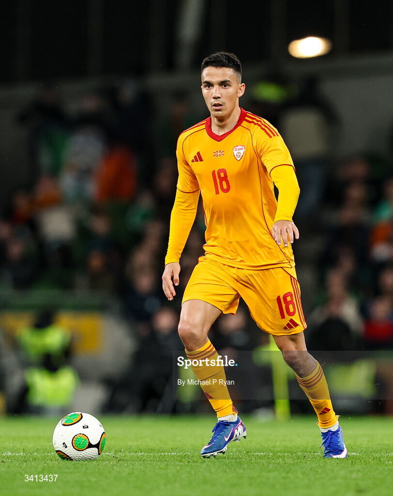 31 March 2026; Tihomir Kostadinov of North Macedonia during the international friendly match between Republic of Ireland and North Macedonia at Aviva Stadium in Dublin. Photo by Michael P Ryan/Sportsfile