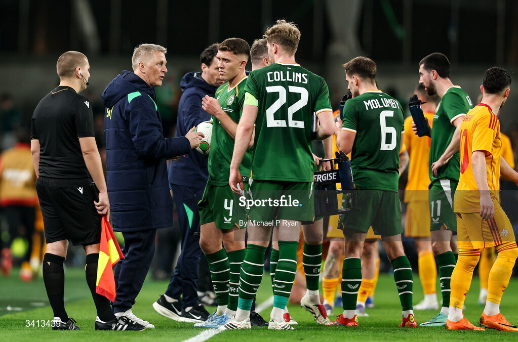31 March 2026; Republic of Ireland head coach Heimir Hallgrimsson speaks with his players during a break in play during the international friendly match between Republic of Ireland and North Macedonia at Aviva Stadium in Dublin. Photo by Michael P Ryan/Sportsfile