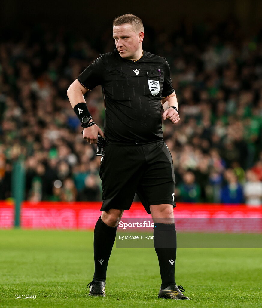 31 March 2026; Referee Iwan Arwel Griffith during the international friendly match between Republic of Ireland and North Macedonia at Aviva Stadium in Dublin. Photo by Michael P Ryan/Sportsfile
