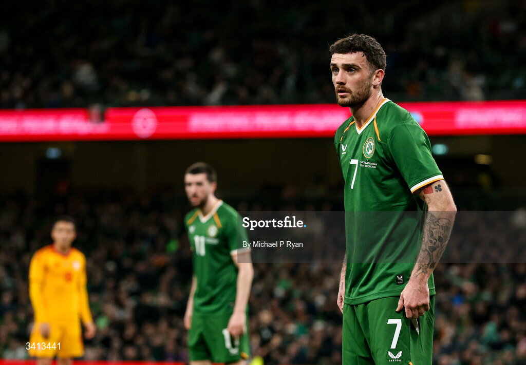 31 March 2026; Troy Parrott of Republic of Ireland during the international friendly match between Republic of Ireland and North Macedonia at Aviva Stadium in Dublin. Photo by Michael P Ryan/Sportsfile