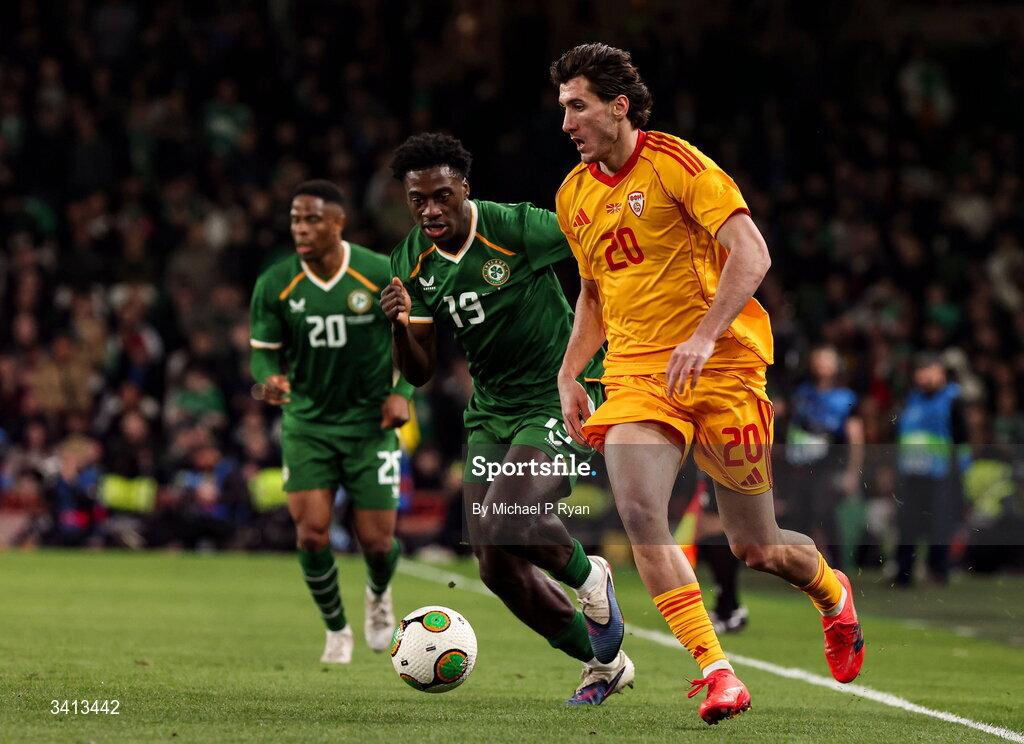 31 March 2026; Luka Stankovski of North Macedonia in action against James Abankwah of Republic of Ireland during the international friendly match between Republic of Ireland and North Macedonia at Aviva Stadium in Dublin. Photo by Michael P Ryan/Sportsfile