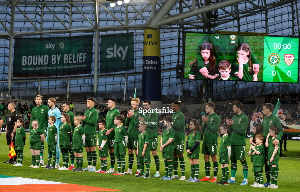 31 March 2026; Republic of Ireland players and mascots before the international friendly match between Republic of Ireland and North Macedonia at Aviva Stadium in Dublin. Photo by Michael P Ryan/Sportsfile