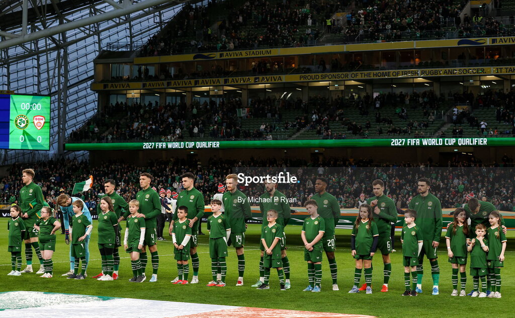 31 March 2026; Republic of Ireland players and mascots before the international friendly match between Republic of Ireland and North Macedonia at Aviva Stadium in Dublin. Photo by Michael P Ryan/Sportsfile