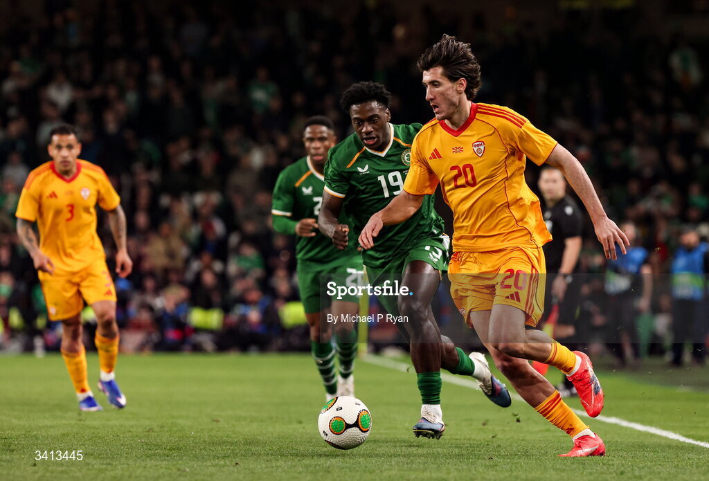 31 March 2026; Luka Stankovski of North Macedonia in action against James Abankwah of Republic of Ireland during the international friendly match between Republic of Ireland and North Macedonia at Aviva Stadium in Dublin. Photo by Michael P Ryan/Sportsfile