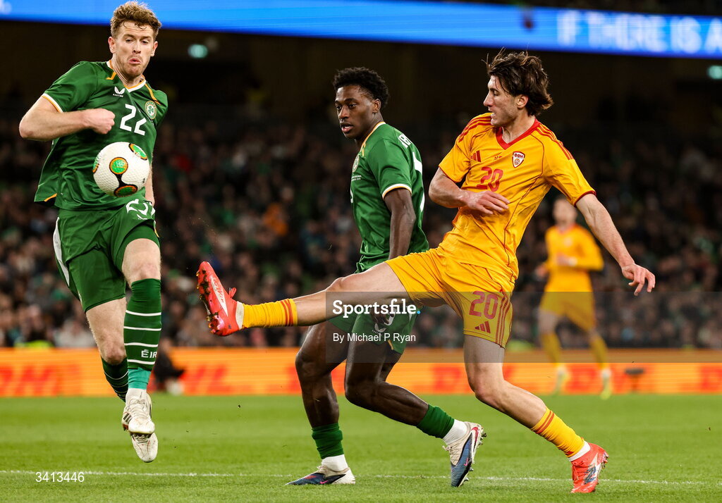 31 March 2026; Luka Stankovski of North Macedonia in action against Nathan Collins, left, and James Abankwah of Republic of Ireland during the international friendly match between Republic of Ireland and North Macedonia at Aviva Stadium in Dublin. Photo by Michael P Ryan/Sportsfile