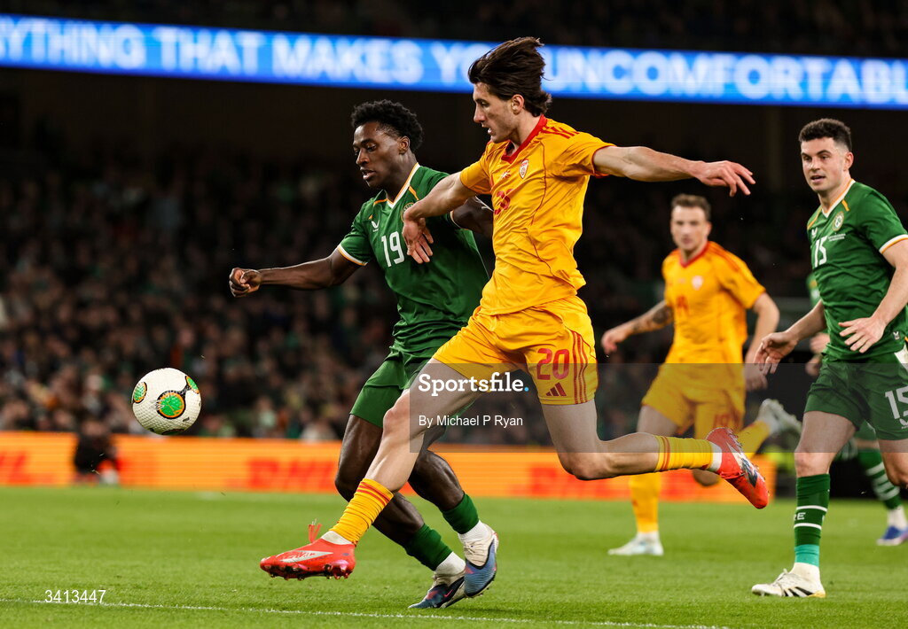 31 March 2026; Luka Stankovski of North Macedonia in action against James Abankwah of Republic of Ireland during the international friendly match between Republic of Ireland and North Macedonia at Aviva Stadium in Dublin. Photo by Michael P Ryan/Sportsfile