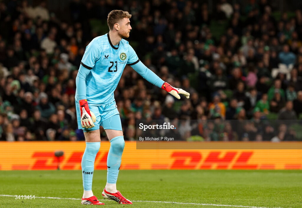 31 March 2026; Republic of Ireland goalkeeper Mark Travers during the international friendly match between Republic of Ireland and North Macedonia at Aviva Stadium in Dublin. Photo by Michael P Ryan/Sportsfile