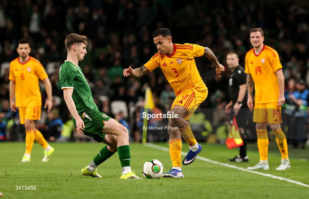 31 March 2026; Sebastijan Herera of North Macedonia in action against Johnny Kenny of Republic of Ireland during the international friendly match between Republic of Ireland and North Macedonia at Aviva Stadium in Dublin. Photo by Michael P Ryan/Sportsfile