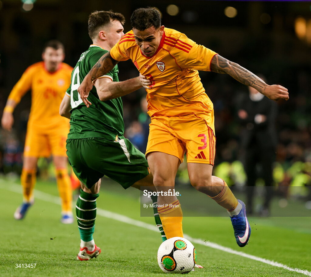 31 March 2026; Sebastijan Herera of North Macedonia in action against Jason Knight of Republic of Ireland during the international friendly match between Republic of Ireland and North Macedonia at Aviva Stadium in Dublin. Photo by Michael P Ryan/Sportsfile