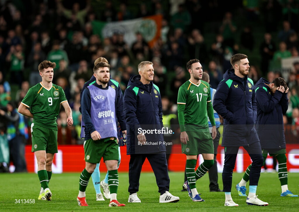 31 March 2026; Republic of Ireland head coach Heimir Hallgrimsson and players after the international friendly match between Republic of Ireland and North Macedonia at Aviva Stadium in Dublin. Photo by Michael P Ryan/Sportsfile