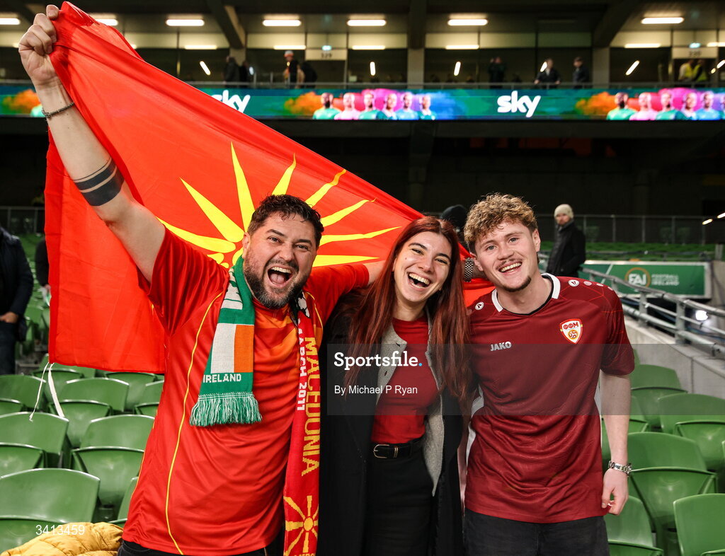 31 March 2026; North Macedonia supporters after the international friendly match between Republic of Ireland and North Macedonia at Aviva Stadium in Dublin. Photo by Michael P Ryan/Sportsfile