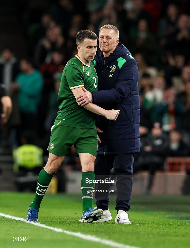 31 March 2026; Seamus Coleman of Republic of Ireland with head coach Heimir Hallgrimsson during the international friendly match between Republic of Ireland and North Macedonia at Aviva Stadium in Dublin. Photo by Michael P Ryan/Sportsfile