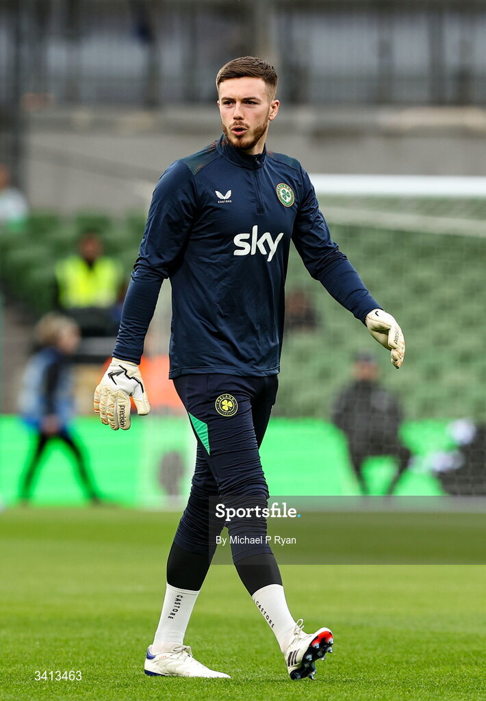 31 March 2026; Republic of Ireland goalkeeper Josh Keeley before the international friendly match between Republic of Ireland and North Macedonia at Aviva Stadium in Dublin. Photo by Michael P Ryan/Sportsfile