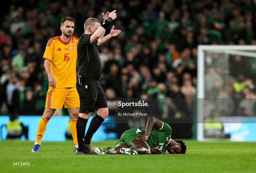 31 March 2026; James Abankwah of Republic of Ireland awaits medical attention during the international friendly match between Republic of Ireland and North Macedonia at Aviva Stadium in Dublin. Photo by Michael P Ryan/Sportsfile