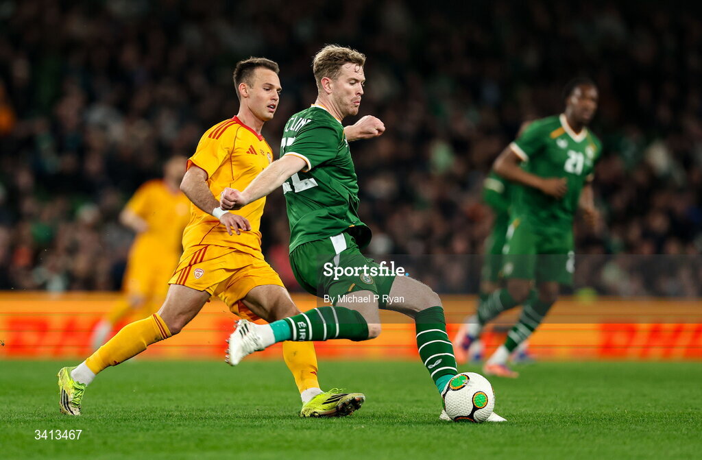31 March 2026; Nathan Collins of Republic of Ireland in action against Daniel Musovski of North Macedonia during the international friendly match between Republic of Ireland and North Macedonia at Aviva Stadium in Dublin. Photo by Michael P Ryan/Sportsfile