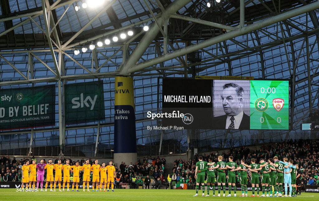 31 March 2026; Players stand for minutes silence for former FAI president Michael Hyland before the international friendly match between Republic of Ireland and North Macedonia at Aviva Stadium in Dublin. Photo by Michael P Ryan/Sportsfile