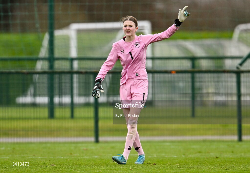 31 March 2026; Republic of Ireland goalkeeper Sarah Doyle during the Girls U16 international friendly match between Repubic of Ireland and Switzerland at the FAI National Training Centre in Abbotstown, Dublin. Photo by Paul Phelan/Sportsfile