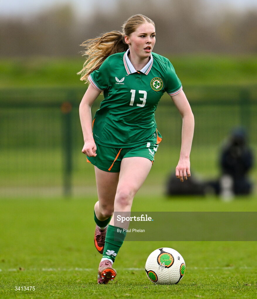 31 March 2026; Ava Kelly of Republic of Ireland during the Girls U16 international friendly match between Repubic of Ireland and Switzerland at the FAI National Training Centre in Abbotstown, Dublin. Photo by Paul Phelan/Sportsfile