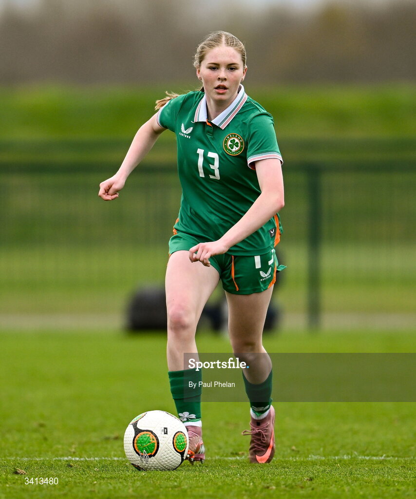 31 March 2026; Ava Kelly of Republic of Ireland during the Girls U16 international friendly match between Repubic of Ireland and Switzerland at the FAI National Training Centre in Abbotstown, Dublin. Photo by Paul Phelan/Sportsfile