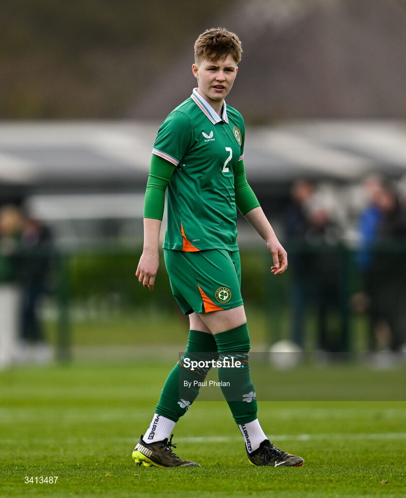 31 March 2026; Leah O'Leary Callendar of Republic of Ireland during the Girls U16 international friendly match between Repubic of Ireland and Switzerland at the FAI National Training Centre in Abbotstown, Dublin. Photo by Paul Phelan/Sportsfile