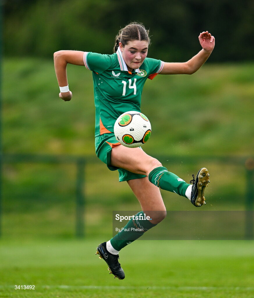 31 March 2026; Ava Hallinan of Republic of Ireland during the Girls U16 international friendly match between Repubic of Ireland and Switzerland at the FAI National Training Centre in Abbotstown, Dublin. Photo by Paul Phelan/Sportsfile