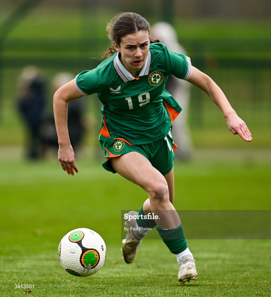 31 March 2026; Kate Harkins of Republic of Ireland during the Girls U16 international friendly match between Repubic of Ireland and Switzerland at the FAI National Training Centre in Abbotstown, Dublin. Photo by Paul Phelan/Sportsfile
