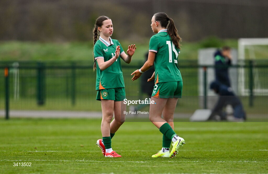 31 March 2026; Skye Barrett of Republic of Ireland and Laila Hurley of Republic of Ireland during the Girls U16 international friendly match between Repubic of Ireland and Switzerland at the FAI National Training Centre in Abbotstown, Dublin. Photo by Paul Phelan/Sportsfile
