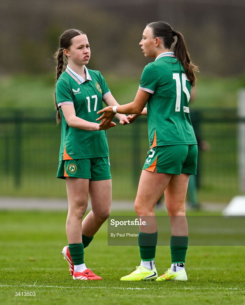 31 March 2026; Skye Barrett of Republic of Ireland and Laila Hurley of Republic of Ireland during the Girls U16 international friendly match between Repubic of Ireland and Switzerland at the FAI National Training Centre in Abbotstown, Dublin. Photo by Paul Phelan/Sportsfile