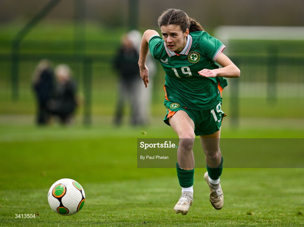 31 March 2026; Kate Harkins of Republic of Ireland during the Girls U16 international friendly match between Repubic of Ireland and Switzerland at the FAI National Training Centre in Abbotstown, Dublin. Photo by Paul Phelan/Sportsfile