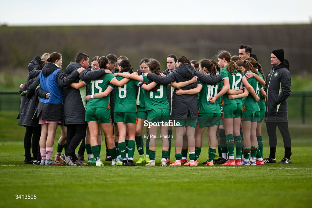 31 March 2026; The Republic of Ireland squad before the penalty shoot-out during the Girls U16 international friendly match between Repubic of Ireland and Switzerland at the FAI National Training Centre in Abbotstown, Dublin. Photo by Paul Phelan/Sportsfile