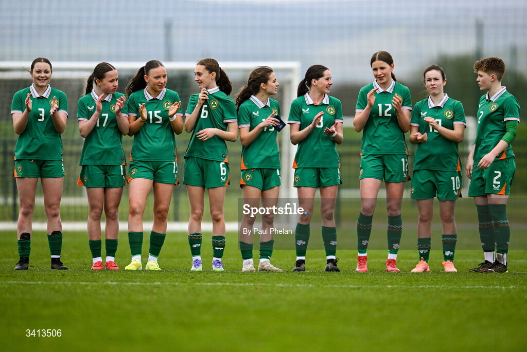 31 March 2026; The Republic of Ireland team celebrate during the penalty shoot-out during the Girls U16 international friendly match between Repubic of Ireland and Switzerland at the FAI National Training Centre in Abbotstown, Dublin. Photo by Paul Phelan/Sportsfile