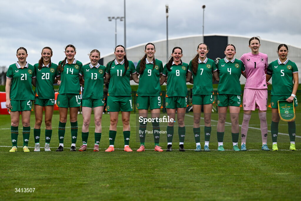 31 March 2026; The Republic of Ireland team sing Amhrán na bhFiann during the Girls U16 international friendly match between Repubic of Ireland and Switzerland at the FAI National Training Centre in Abbotstown, Dublin. Photo by Paul Phelan/Sportsfile