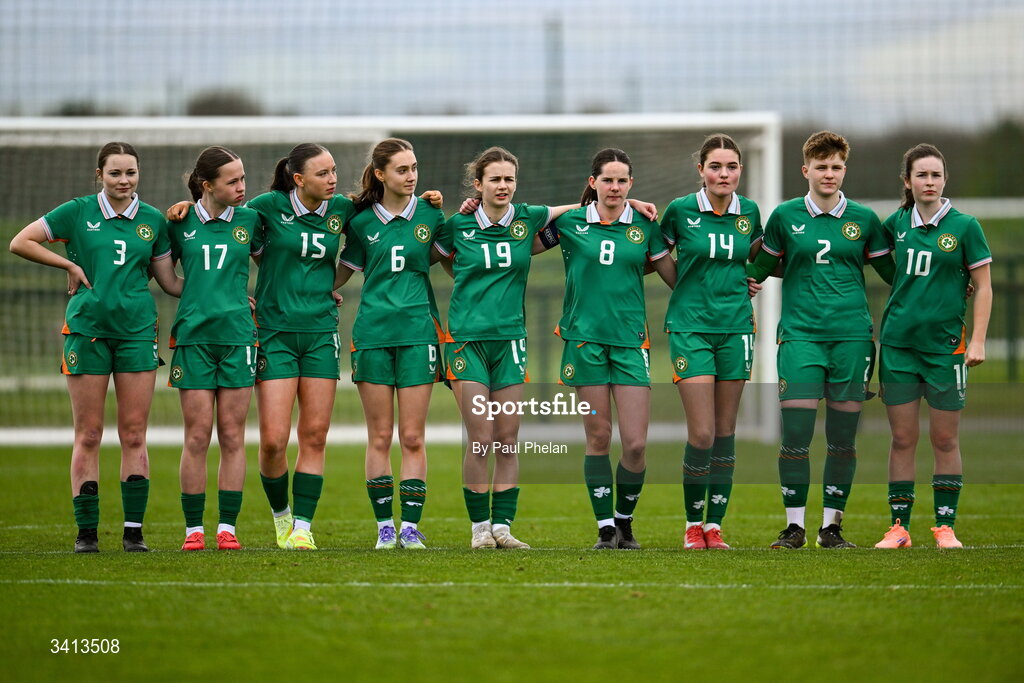 31 March 2026; The Republic of Ireland team watch the penalty shoot-out during the Girls U16 international friendly match between Repubic of Ireland and Switzerland at the FAI National Training Centre in Abbotstown, Dublin. Photo by Paul Phelan/Sportsfile