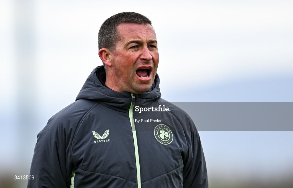 31 March 2026; Ireland head coach James Scott during the Girls U16 international friendly match between Repubic of Ireland and Switzerland at the FAI National Training Centre in Abbotstown, Dublin. Photo by Paul Phelan/Sportsfile