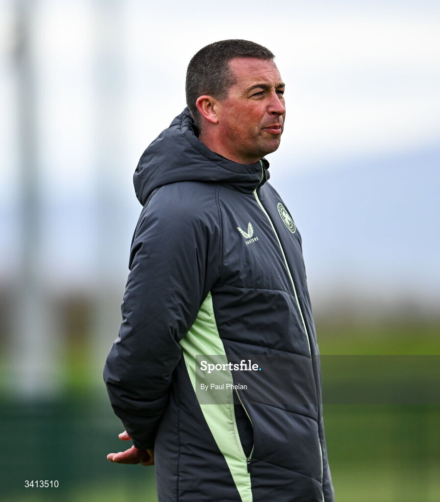 31 March 2026; Ireland head coach James Scott during the Girls U16 international friendly match between Repubic of Ireland and Switzerland at the FAI National Training Centre in Abbotstown, Dublin. Photo by Paul Phelan/Sportsfile