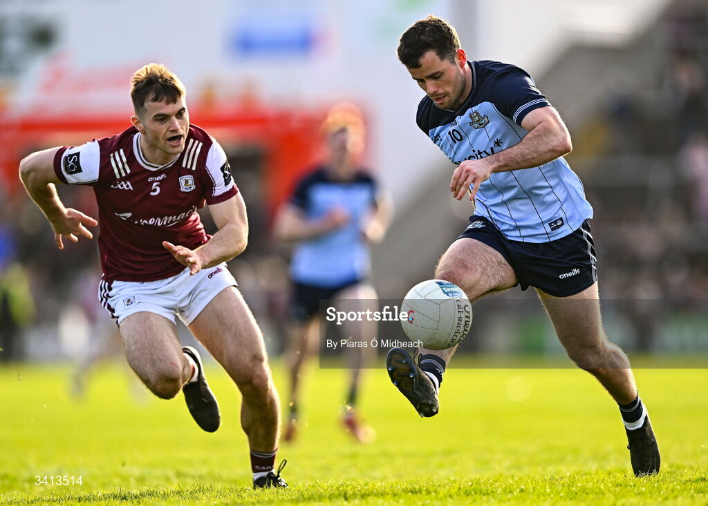 22 March 2026; Ross McGarry of Dublin in action against Liam Silke of Galway during the Allianz Football League Division 1 match between Galway and Dublin at Pearse Stadium in Galway. Photo by Piaras Ó Mídheach/Sportsfile