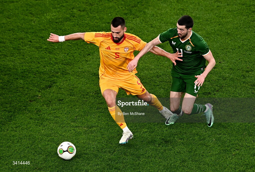 31 March 2026; Gjoko Zajkov of North Macedonia and Finn Azaz of Republic of Ireland during the international friendly match between Republic of Ireland and North Macedonia at Aviva Stadium in Dublin. Photo by Ben McShane/Sportsfile