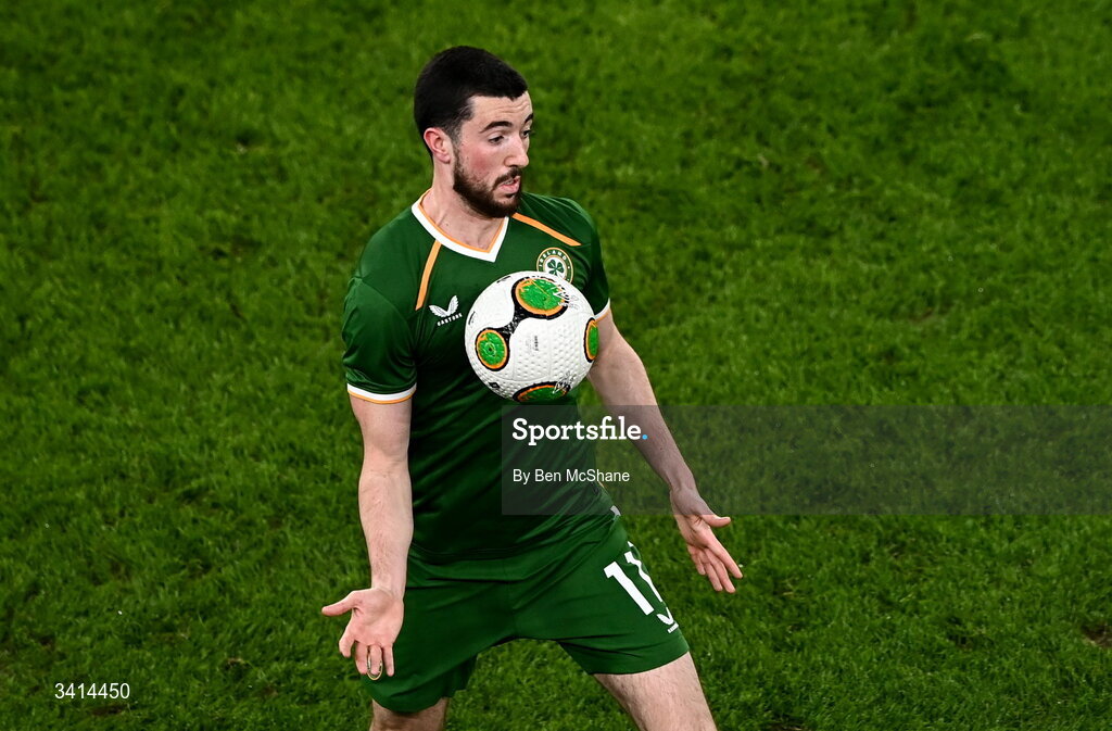 31 March 2026; Finn Azaz of Republic of Ireland during the international friendly match between Republic of Ireland and North Macedonia at Aviva Stadium in Dublin. Photo by Ben McShane/Sportsfile
