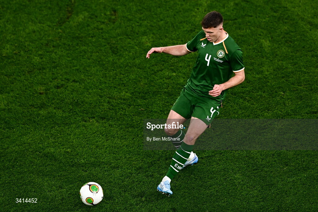 31 March 2026; Dara O'Shea of Republic of Ireland during the international friendly match between Republic of Ireland and North Macedonia at Aviva Stadium in Dublin. Photo by Ben McShane/Sportsfile