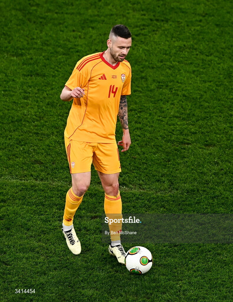 31 March 2026; Darko Velkovski of North Macedonia during the international friendly match between Republic of Ireland and North Macedonia at Aviva Stadium in Dublin. Photo by Ben McShane/Sportsfile