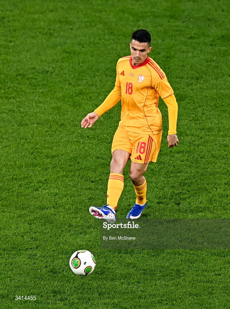 31 March 2026; Tihomir Kostadinov of North Macedonia during the international friendly match between Republic of Ireland and North Macedonia at Aviva Stadium in Dublin. Photo by Ben McShane/Sportsfile