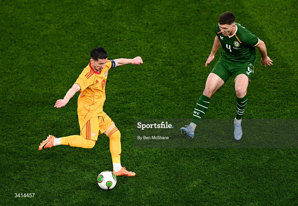 31 March 2026; Enis Bardhi of North Macedonia and Dara O'Shea of Republic of Ireland during the international friendly match between Republic of Ireland and North Macedonia at Aviva Stadium in Dublin. Photo by Ben McShane/Sportsfile