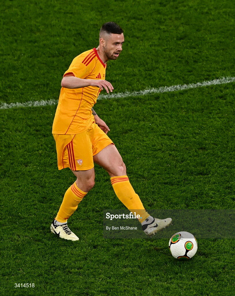 31 March 2026; Imran Fetai of North Macedonia during the international friendly match between Republic of Ireland and North Macedonia at Aviva Stadium in Dublin. Photo by Ben McShane/Sportsfile