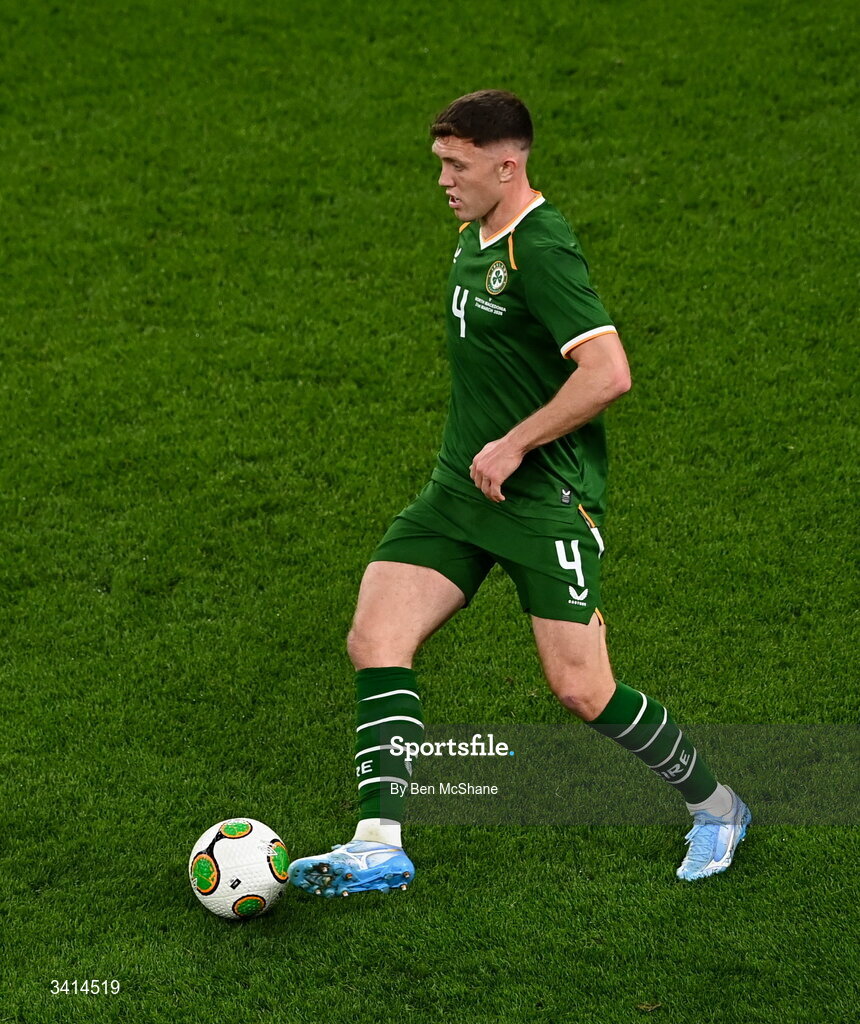 31 March 2026; Dara O'Shea of Republic of Ireland during the international friendly match between Republic of Ireland and North Macedonia at Aviva Stadium in Dublin. Photo by Ben McShane/Sportsfile